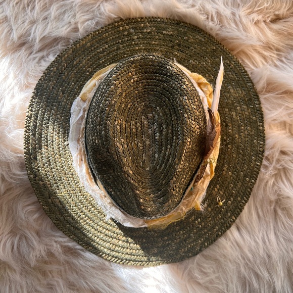 Custom-Made HandCrafted Beach Straw Fedora Hat with crystals, feathers, ribbons - Picture 7 of 8